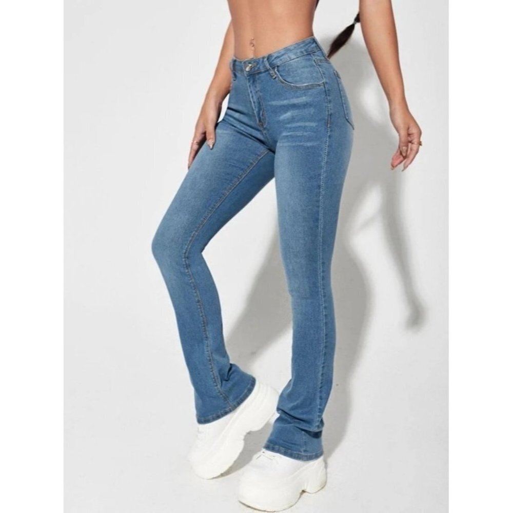 New SHEIN ICON Slant Pocket Flare Leg Jeans in Medium Wash -‎ Size XS